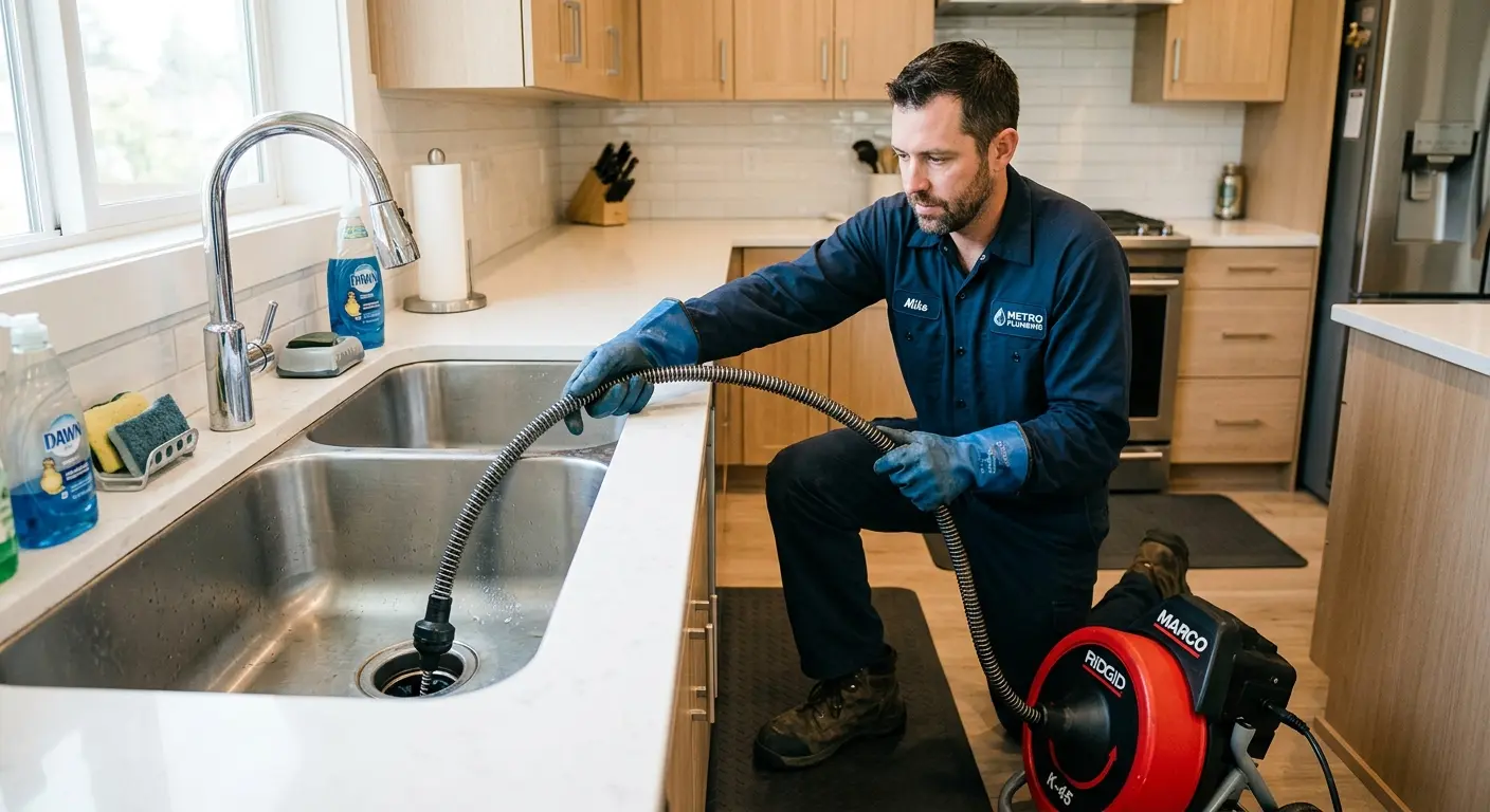 Drain cleaning technician using a motorized snake on a kitchen sink in Tempe