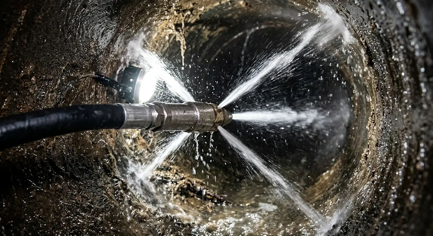 High-pressure hydro jetting nozzle cleaning sewer pipe for Sewer Cleanout in Tempe