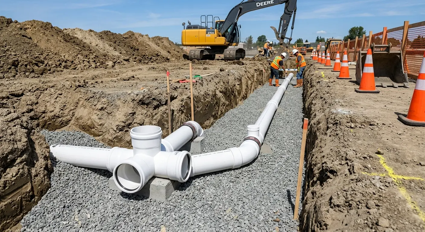 New PVC sewer pipe installation in open trench for Commercial Drain Cleaning in Tempe