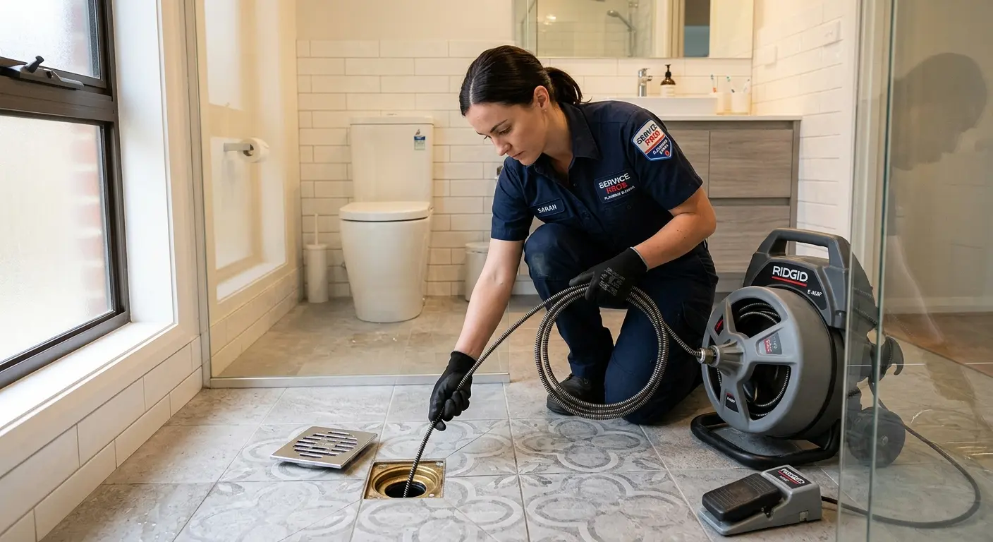 Technician clearing a bathroom floor drain for Hydro Jetting in Tempe